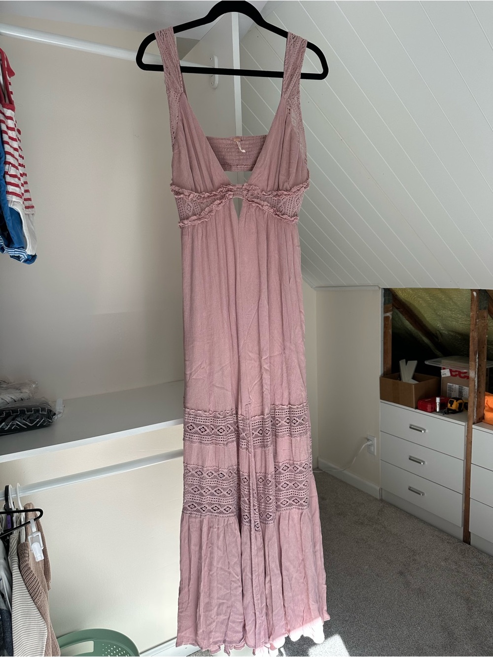 Free People Dusty Rose Crochet-Trim Maxi Dress